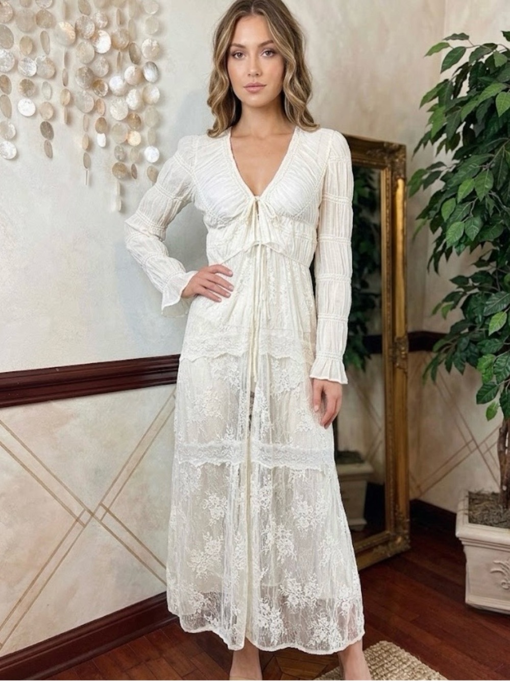 ALTAR’D STATE CREAM SHEER LONG SLEEVE TIE-FRONT DUSTER TOP